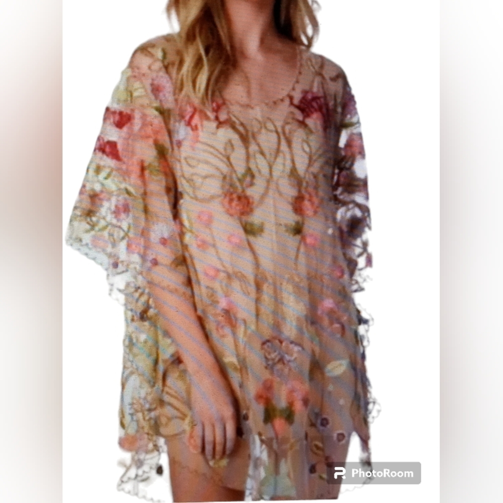 Tolani Danika Beige Embroidered Floral Bird Overlay Dress Size Small